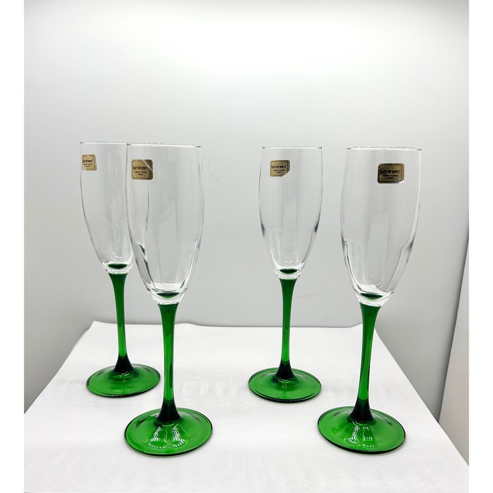 Luminarc Domino Green Stem Champagne Flutes Set of 4 France Verrerie d'Arques